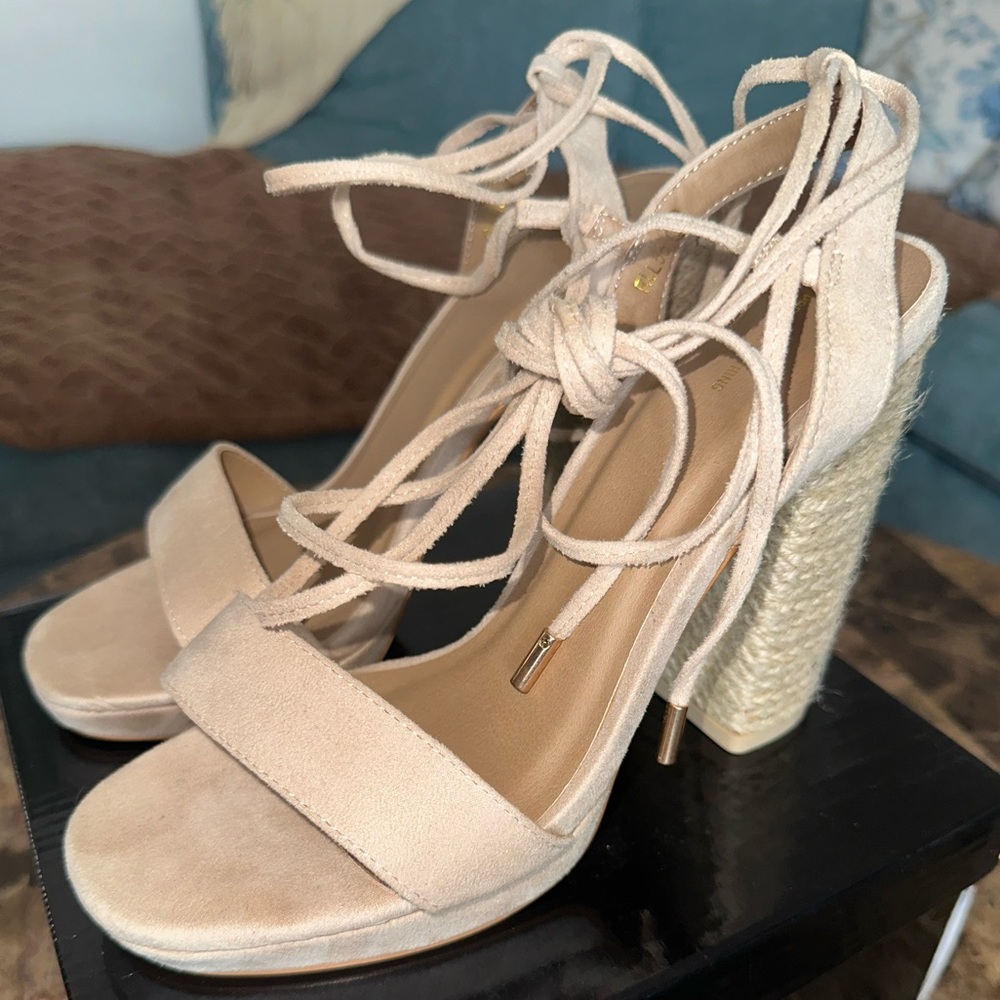 PLT Nude Espadrille Platform Tie Sandal Heels